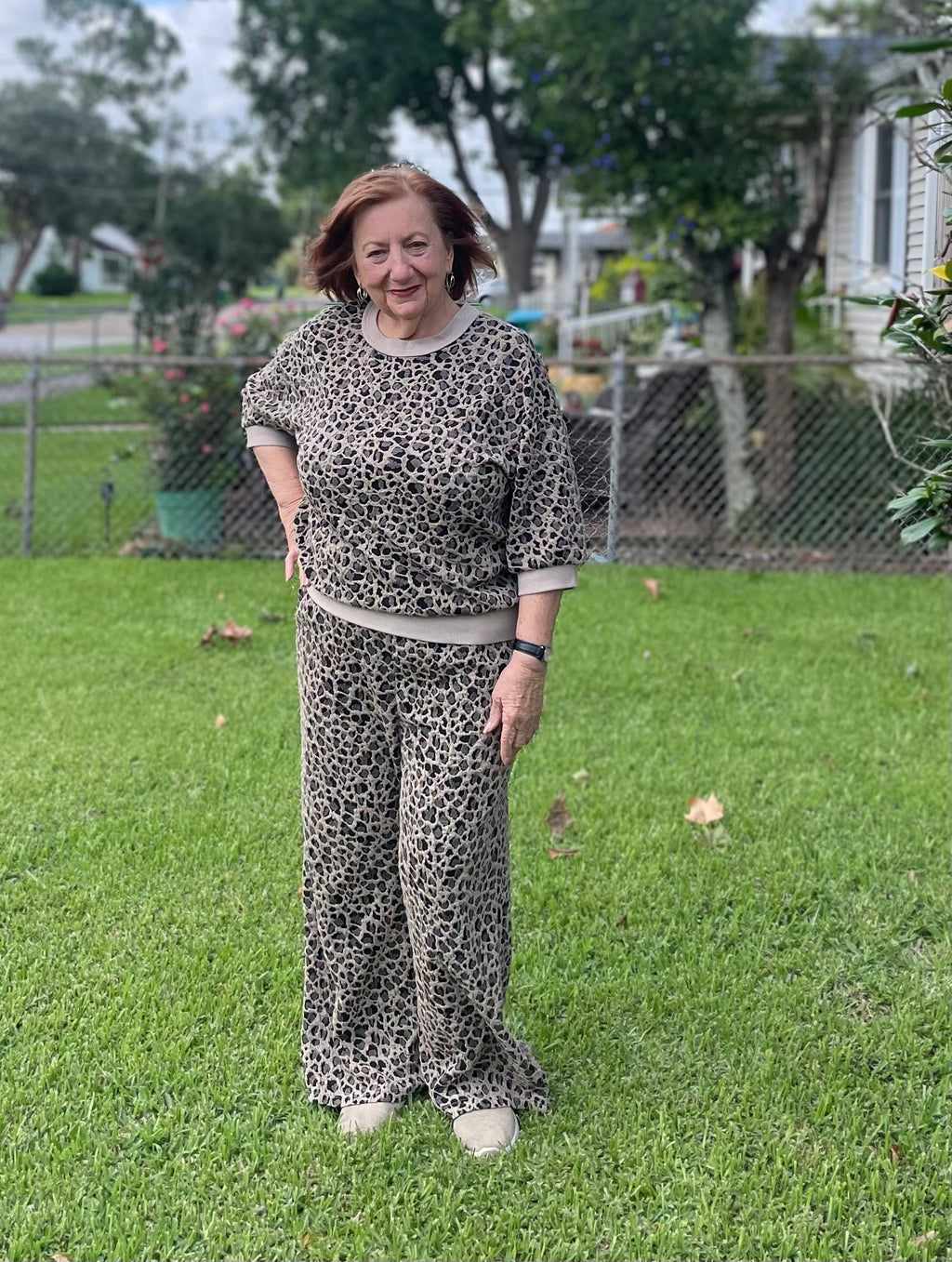 Khaki Leopard Half Sleeve Jumper Wide Leg Pant Set
