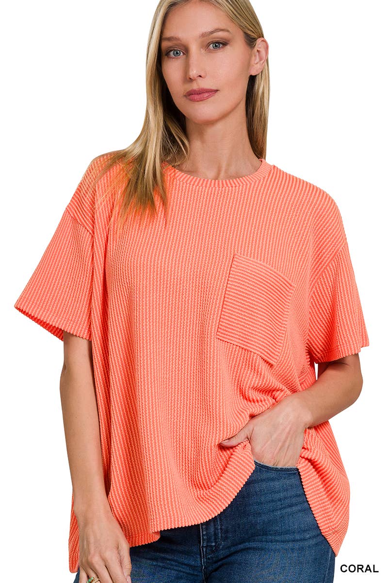 ',,....Corded Rib  Short Sleeve Front Pocket Top