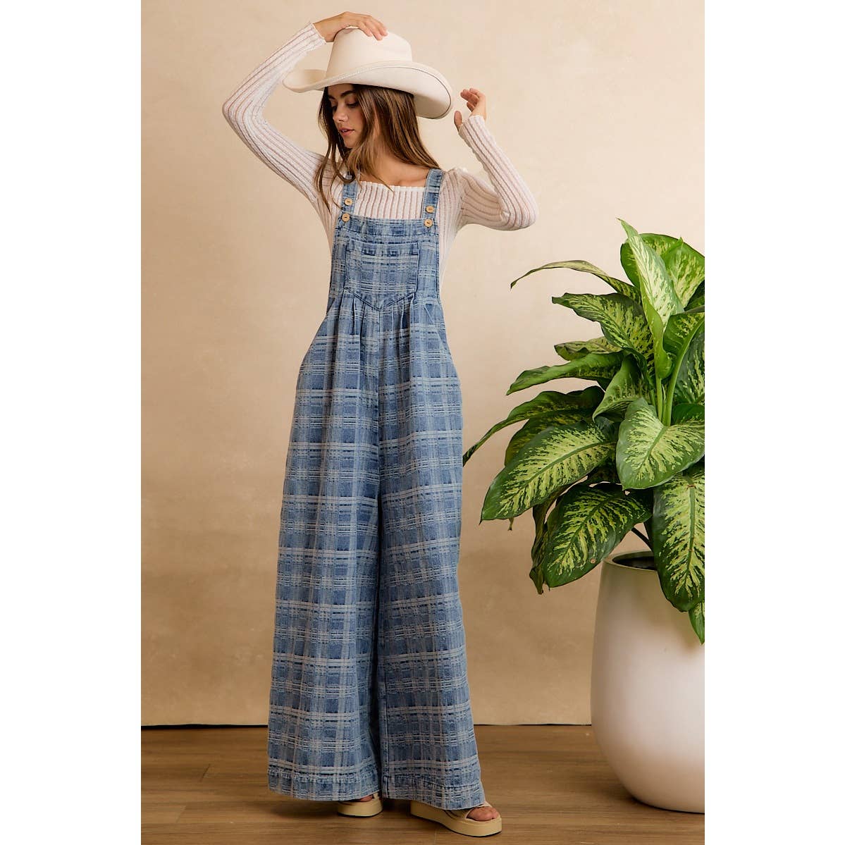 PLAID PATTERNED DENIM WIDE LEG OVERALLS