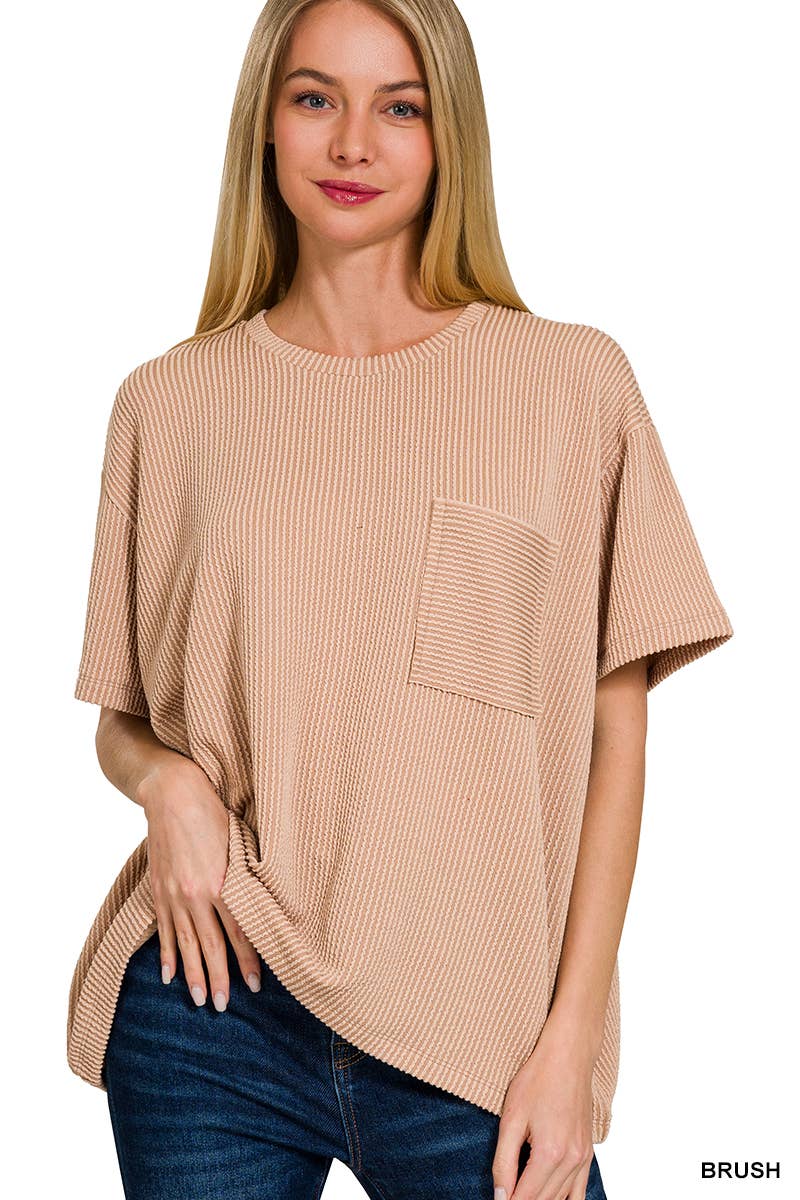 ',,....Corded Rib  Short Sleeve Front Pocket Top