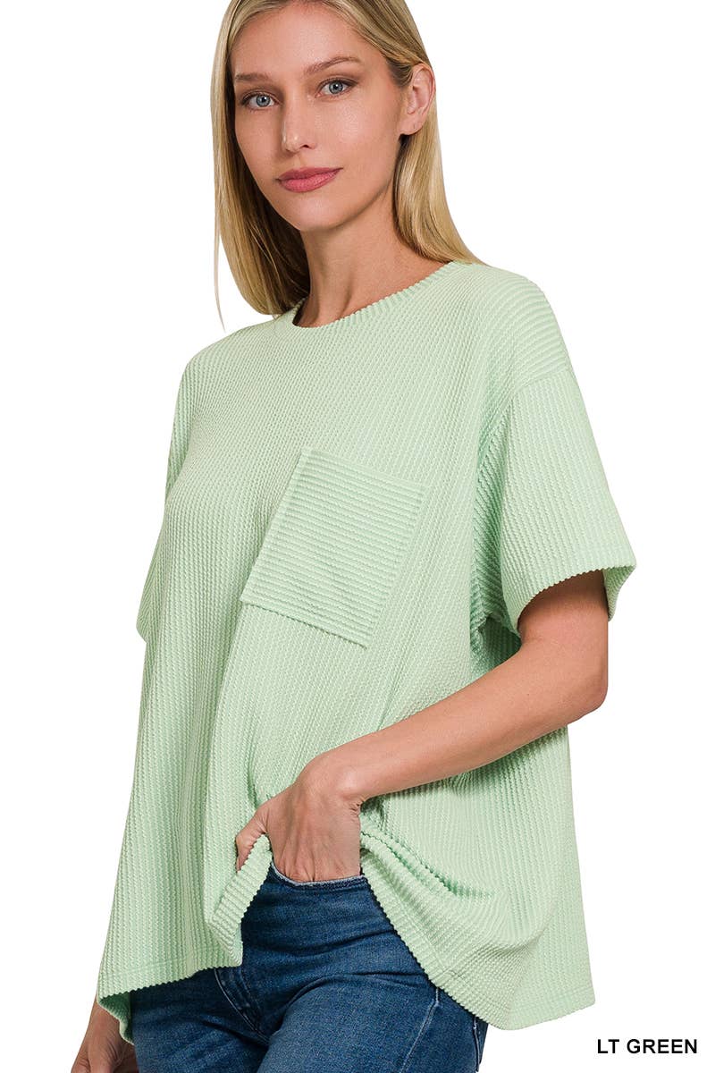 ',,....Corded Rib  Short Sleeve Front Pocket Top