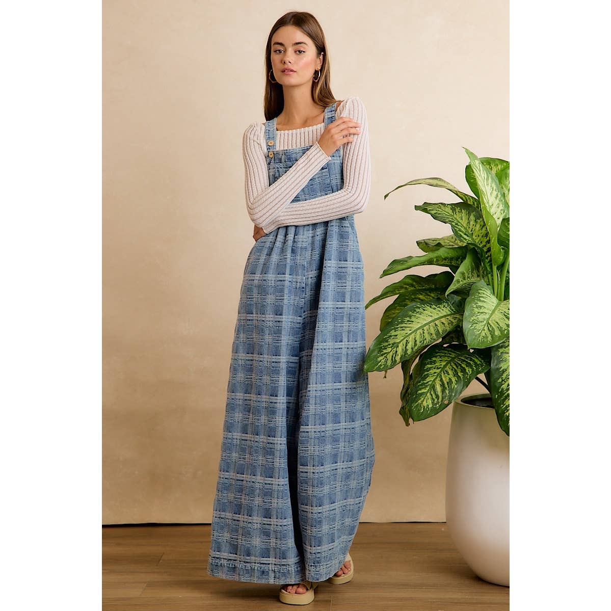 PLAID PATTERNED DENIM WIDE LEG OVERALLS