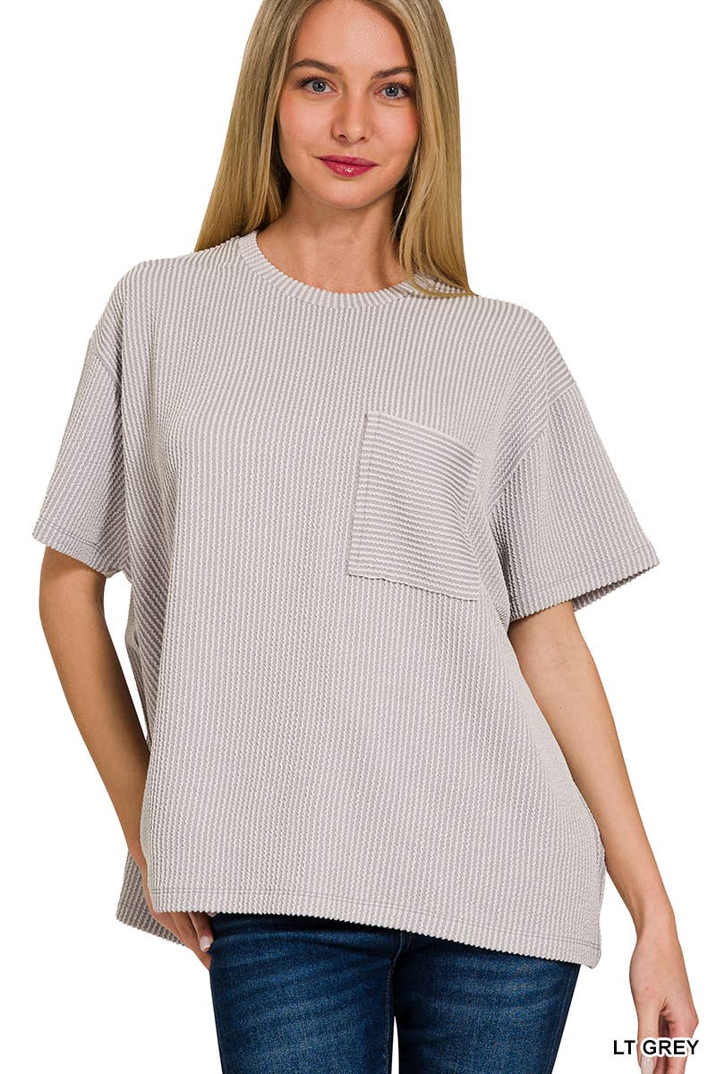 ',,....Corded Rib  Short Sleeve Front Pocket Top