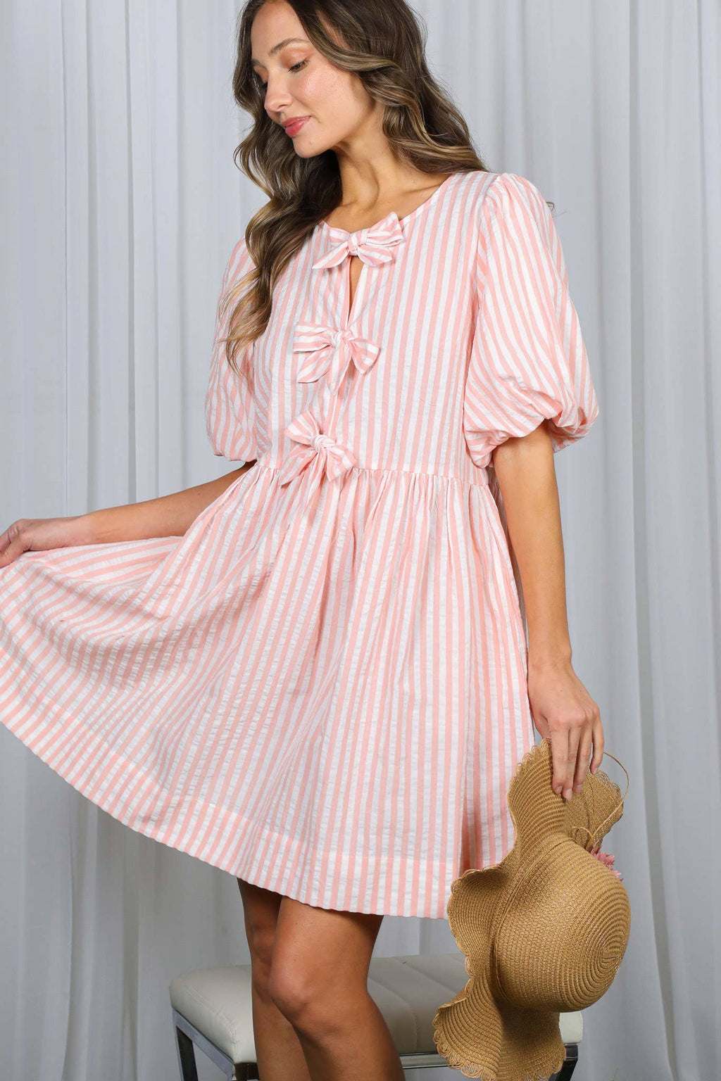 Bow Tie Front Striped Baby Doll Mini Dress