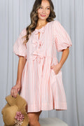 Bow Tie Front Striped Baby Doll Mini Dress