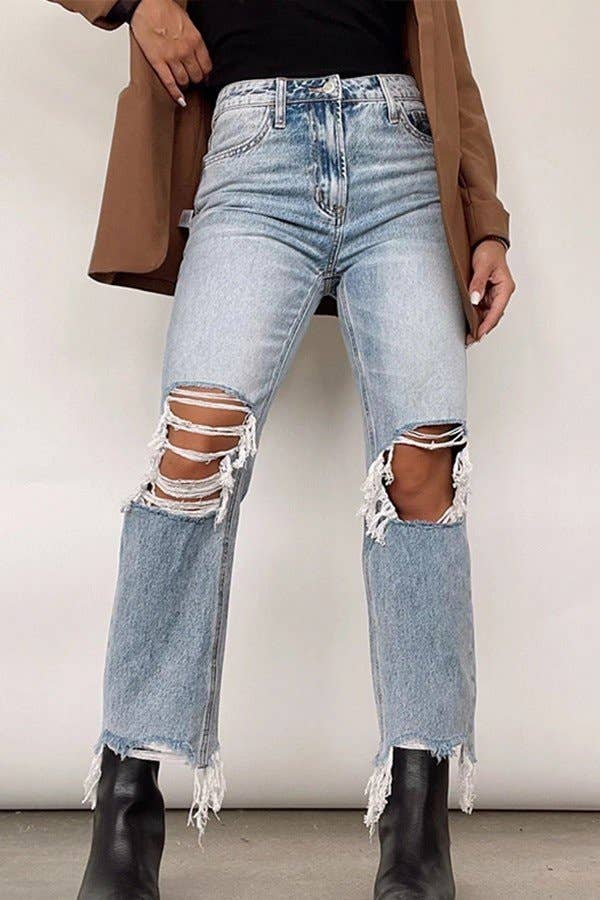 Distressed High-Waist Straight Leg Jean