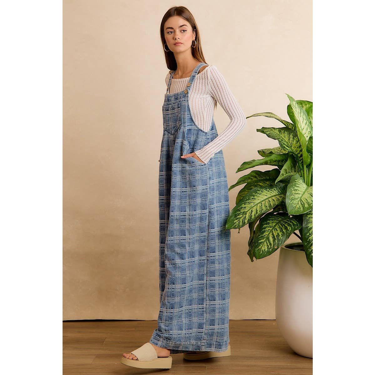 PLAID PATTERNED DENIM WIDE LEG OVERALLS