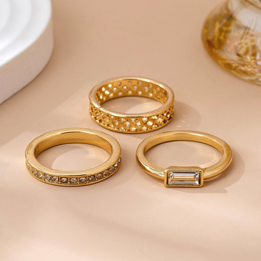 Gold Textured & Crystal Stacking Ring Trio