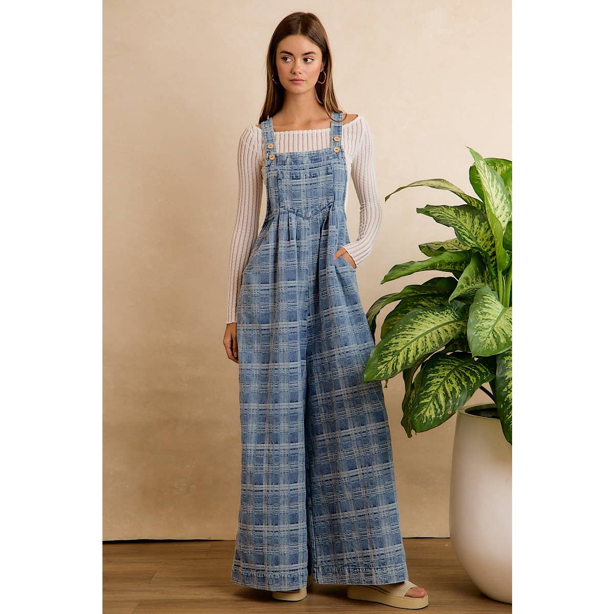 PLAID PATTERNED DENIM WIDE LEG OVERALLS