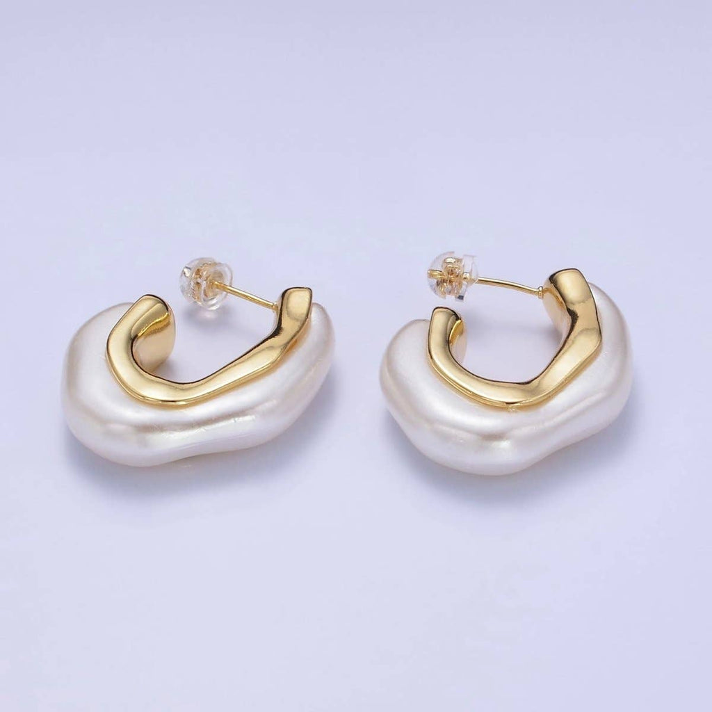 24K Gold Filled Shell Pearl Geometric J-Shaped Hoop Earrings
