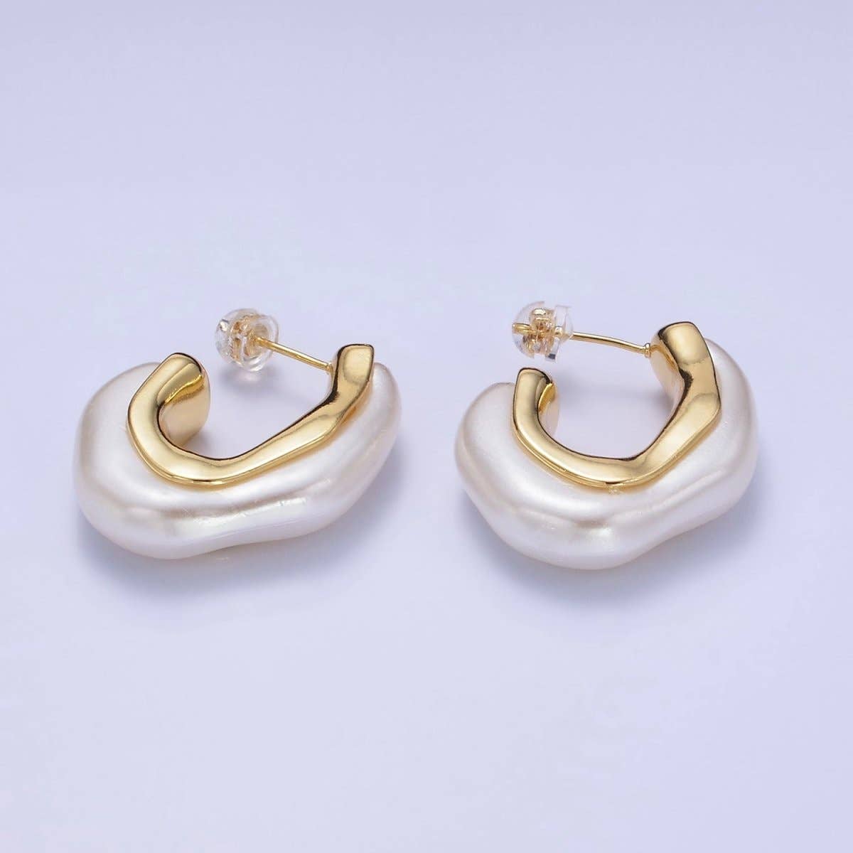 24K Gold Filled Shell Pearl Geometric J-Shaped Hoop Earrings