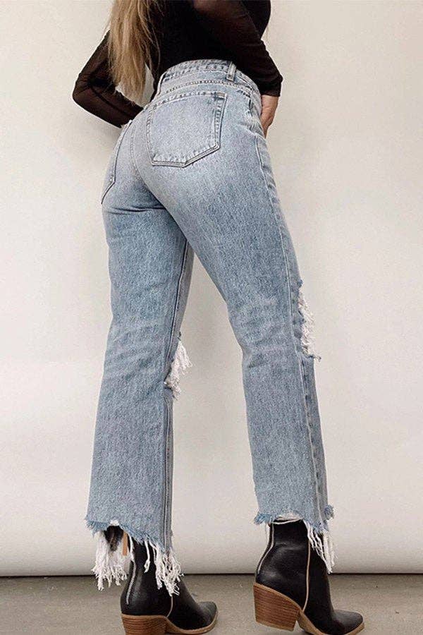 Distressed High-Waist Straight Leg Jean