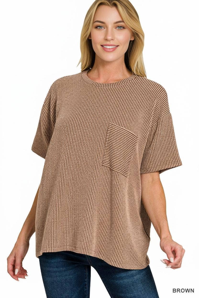 Zenana Short Sleeve Front Pocket Top