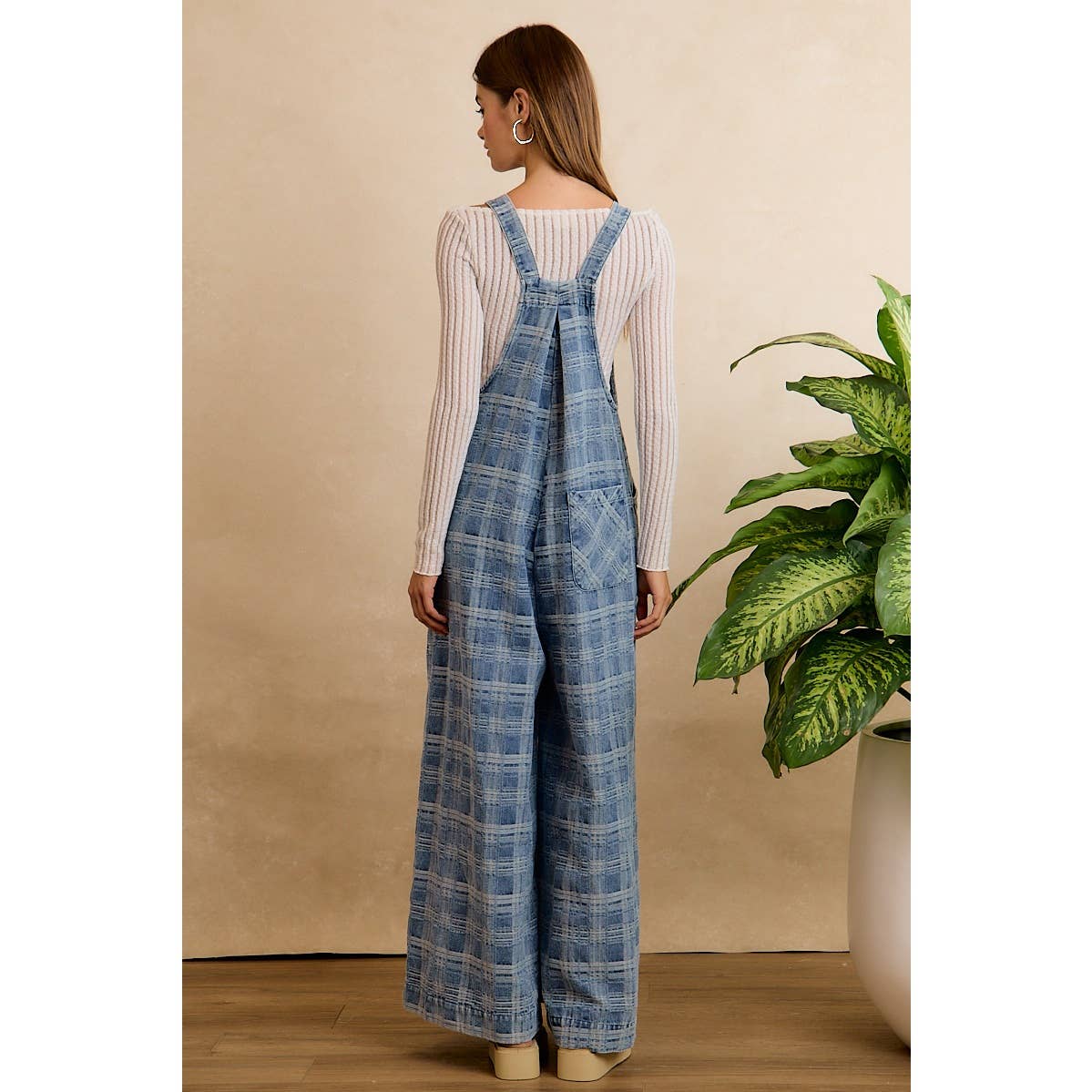 PLAID PATTERNED DENIM WIDE LEG OVERALLS