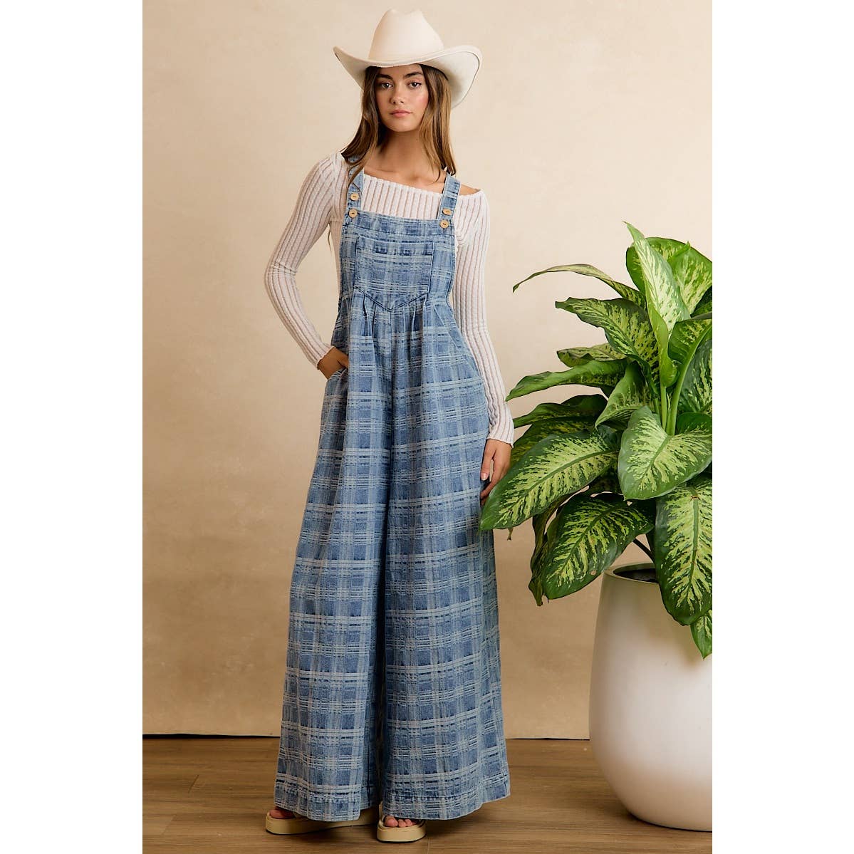 PLAID PATTERNED DENIM WIDE LEG OVERALLS