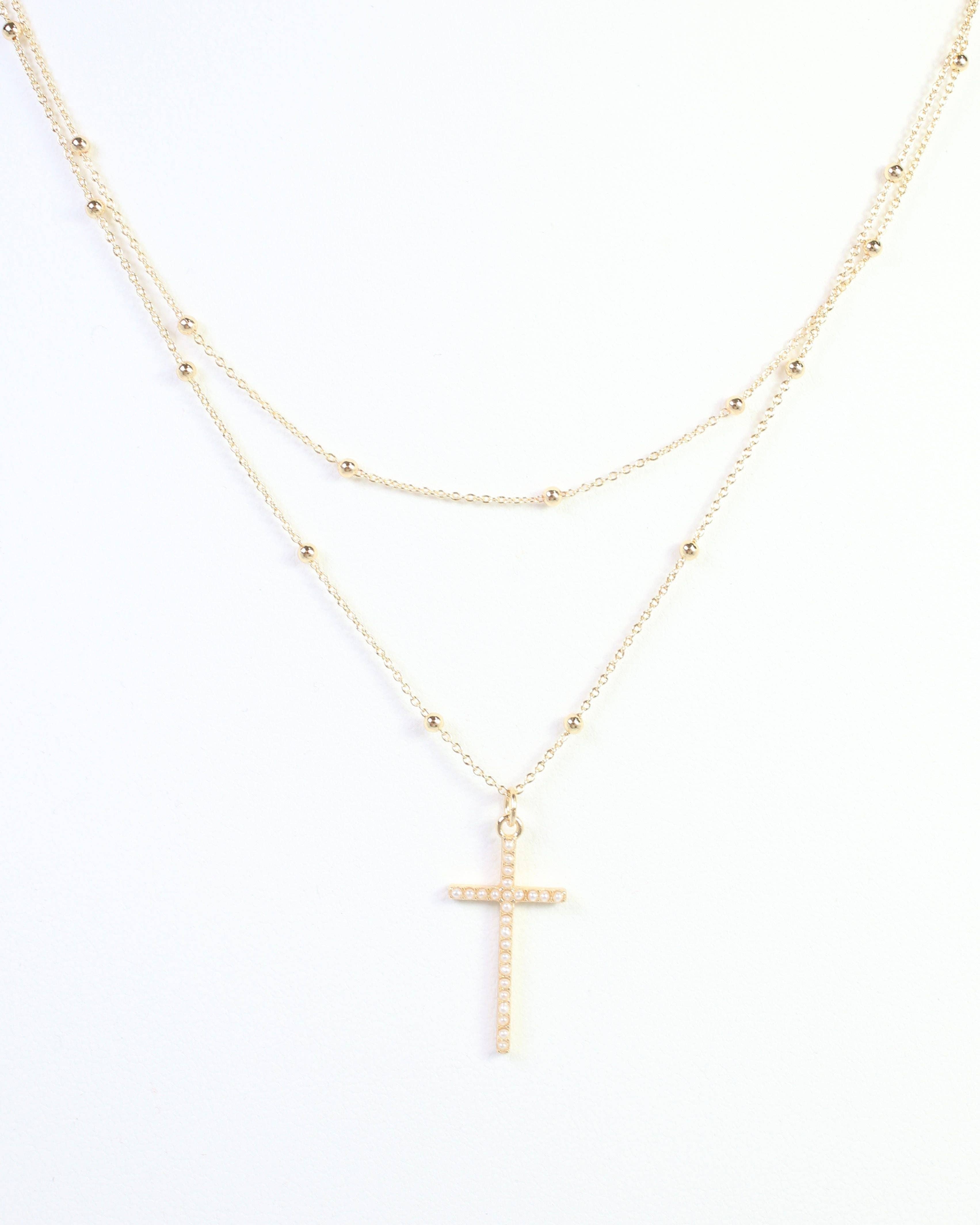 Kyla Pearl Cross Layered Necklace WR Gold