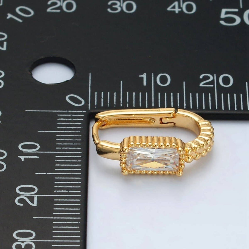 24K Gold Filled 18mm Baguette CZ Dotted Oblong Huggie Earrings | T093