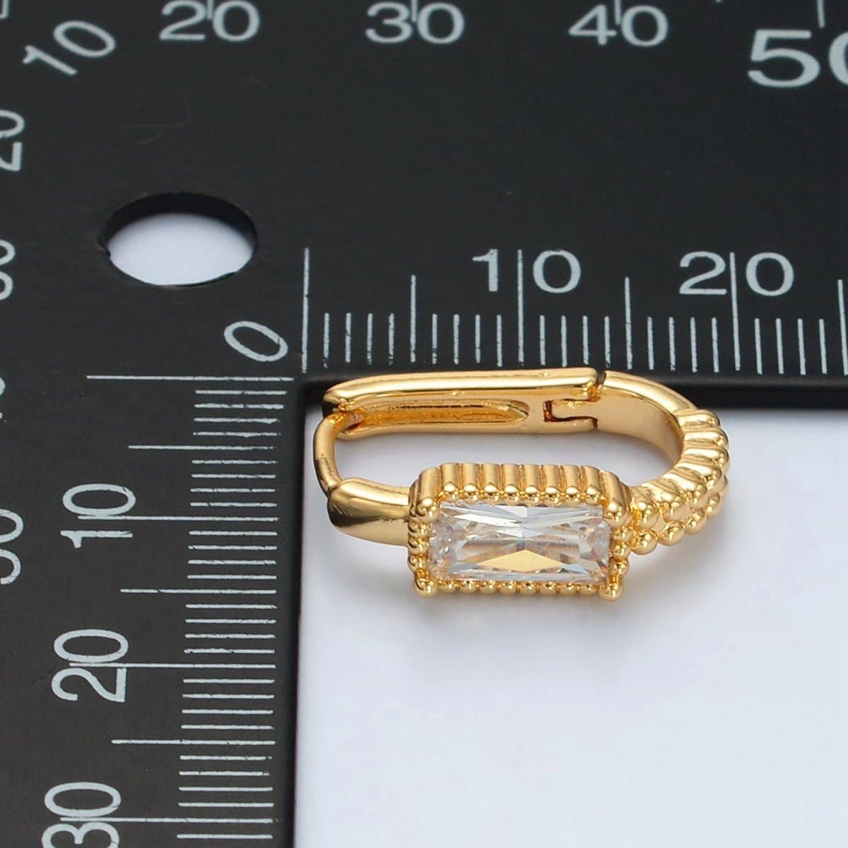 24K Gold Filled 18mm Baguette CZ Dotted Oblong Huggie Earrings | T093