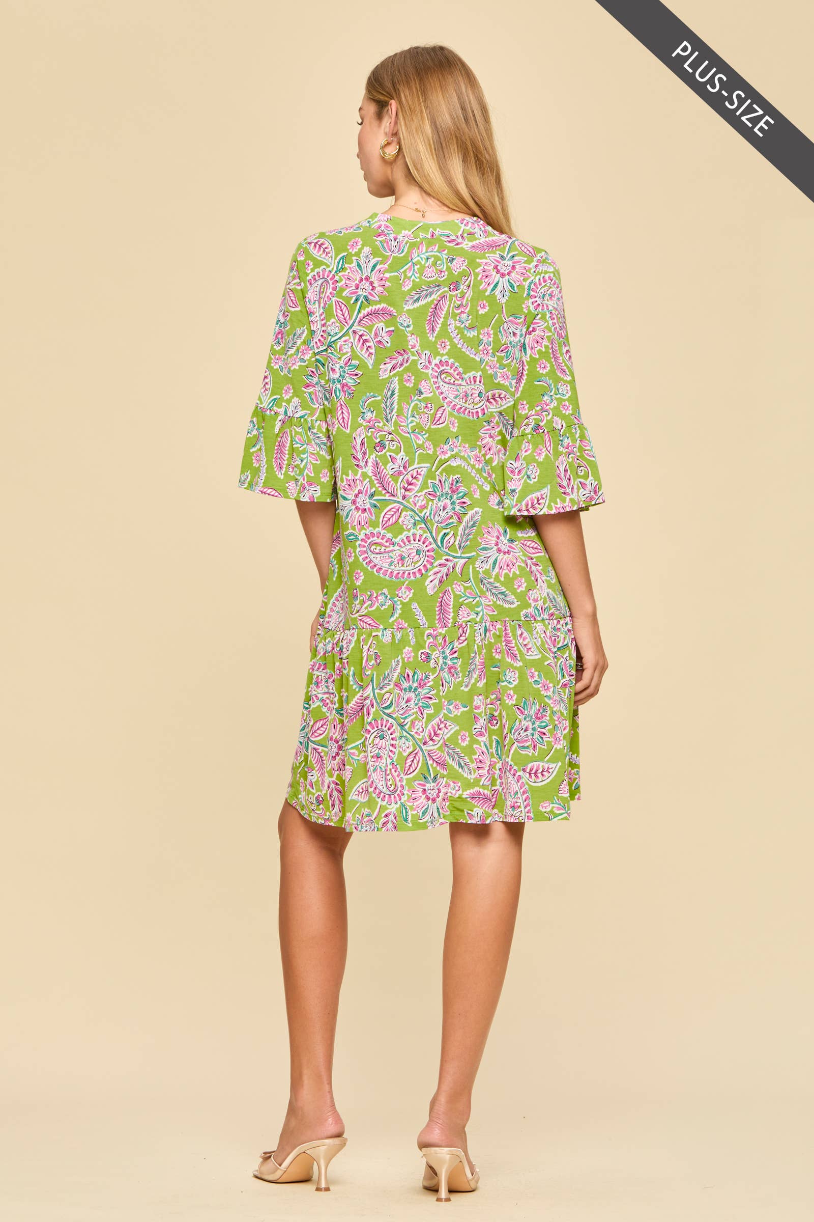 PLUS SIZE Shirred Tiered Relaxed 3/4 Sleeve Dress