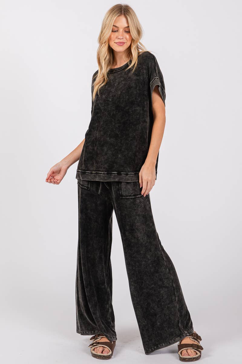 MINERAL WASHED TOP AND PANTS RIB SETS