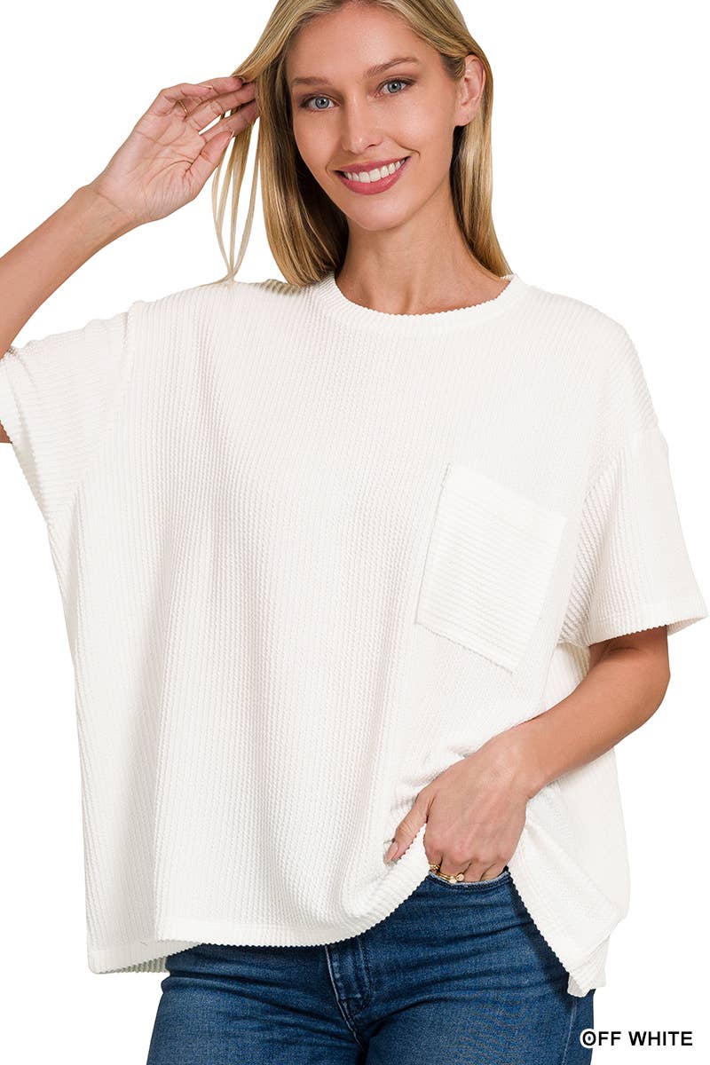 ',,....Corded Rib  Short Sleeve Front Pocket Top