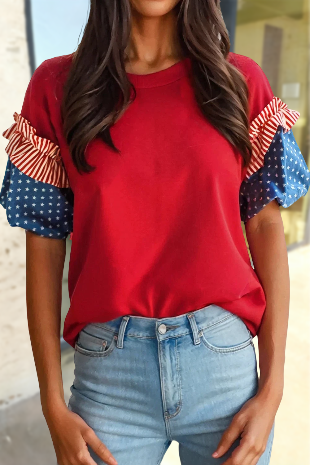 Stars Stripes Short Puff Sleeve Top | S-XL Plus 1X-2x