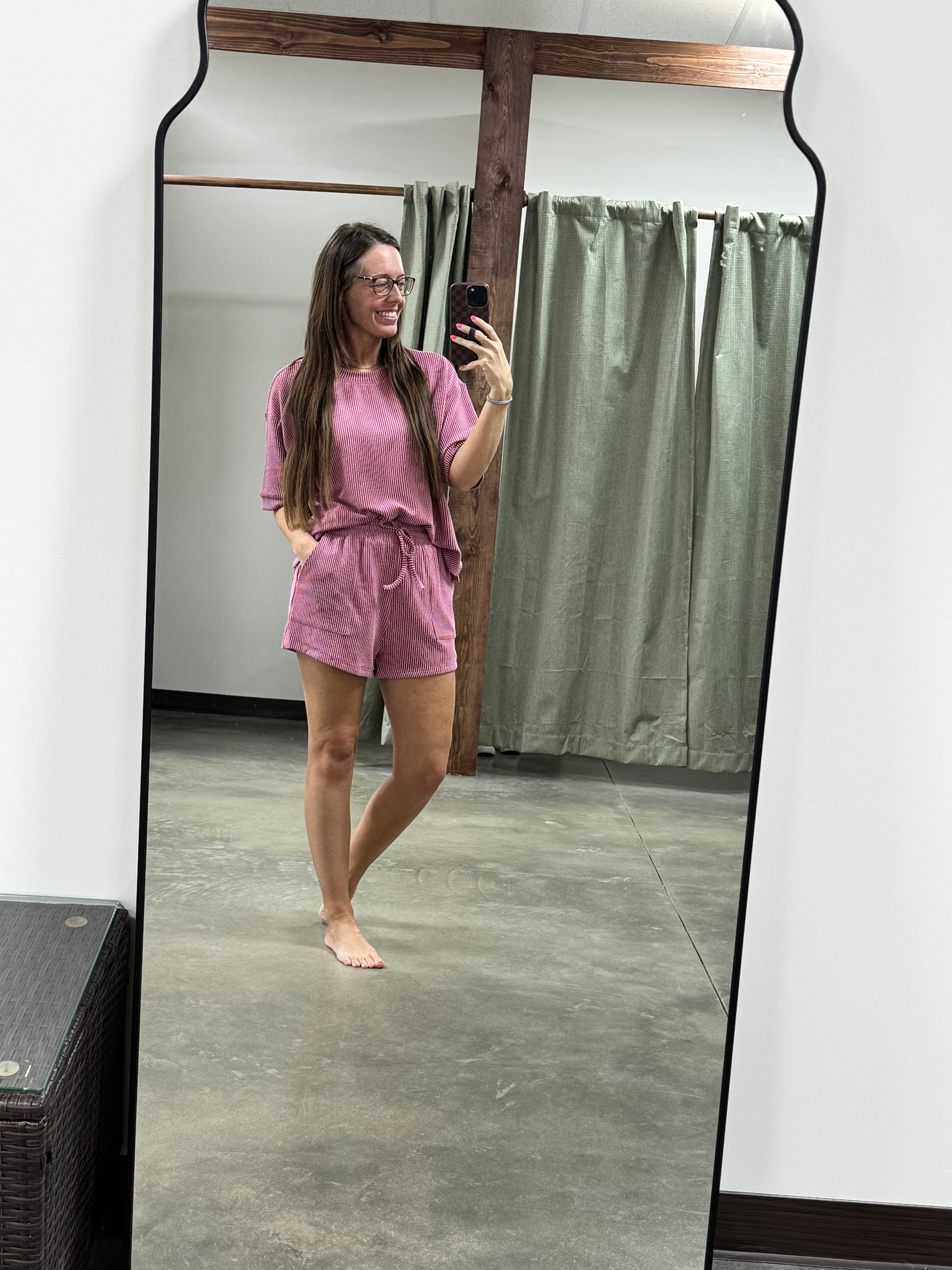 RIBBED ROUND NECK TOP AND SHORTS SET