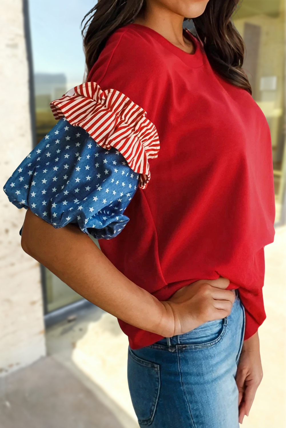 Stars Stripes Short Puff Sleeve Top | S-XL Plus 1X-2x