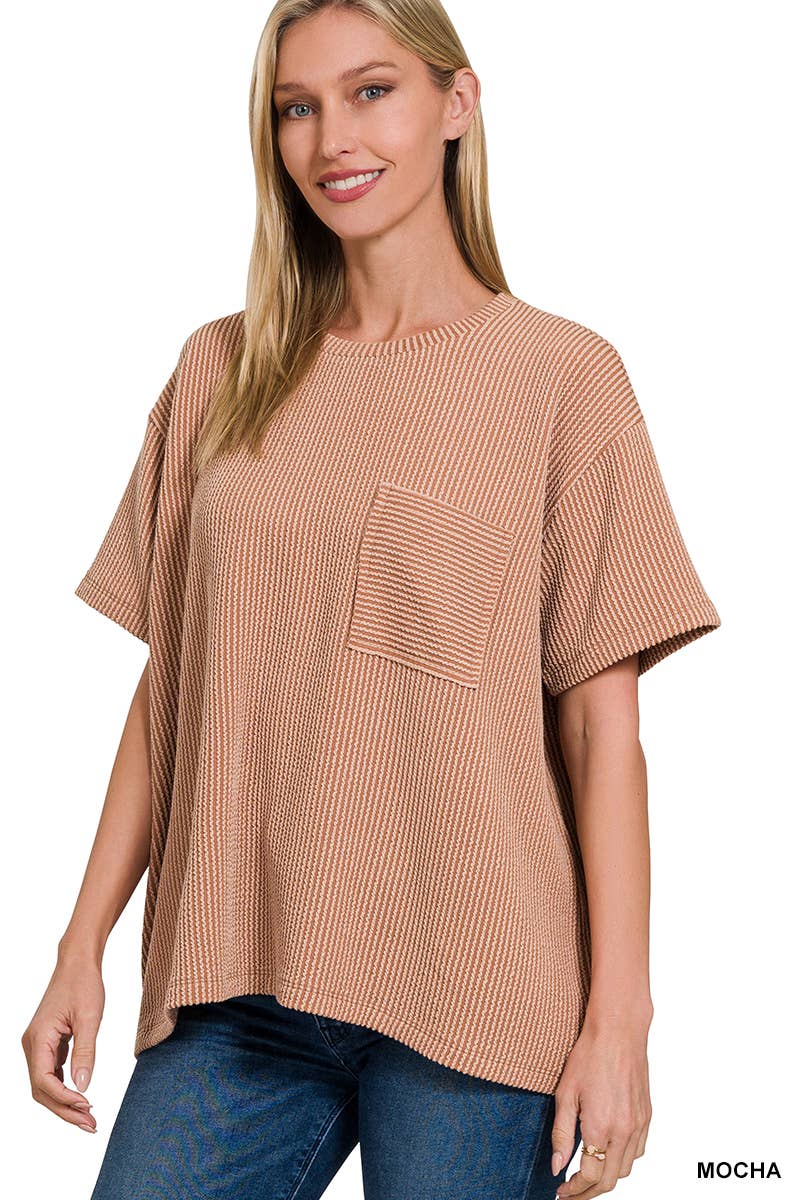 ',,....Corded Rib  Short Sleeve Front Pocket Top