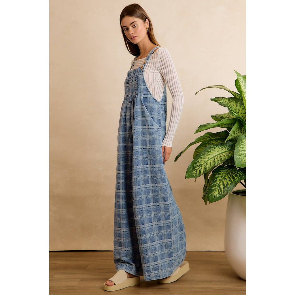 PLAID PATTERNED DENIM WIDE LEG OVERALLS