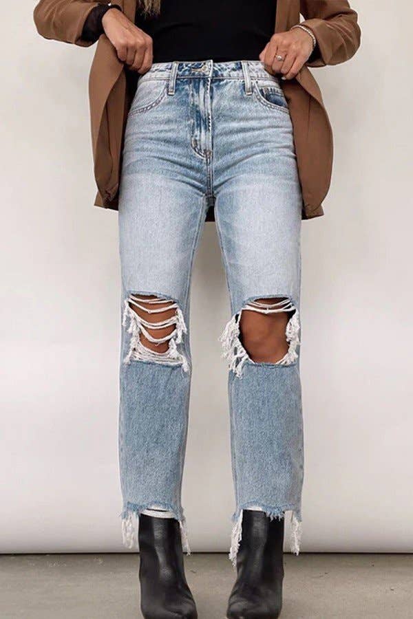 Distressed High-Waist Straight Leg Jean
