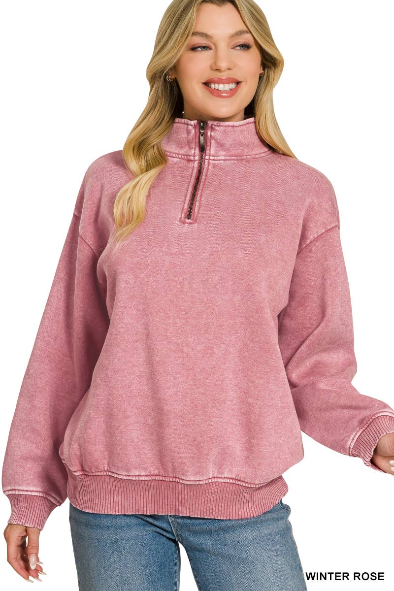 Acid Wash Fleece Half Zip Pullover Zenana