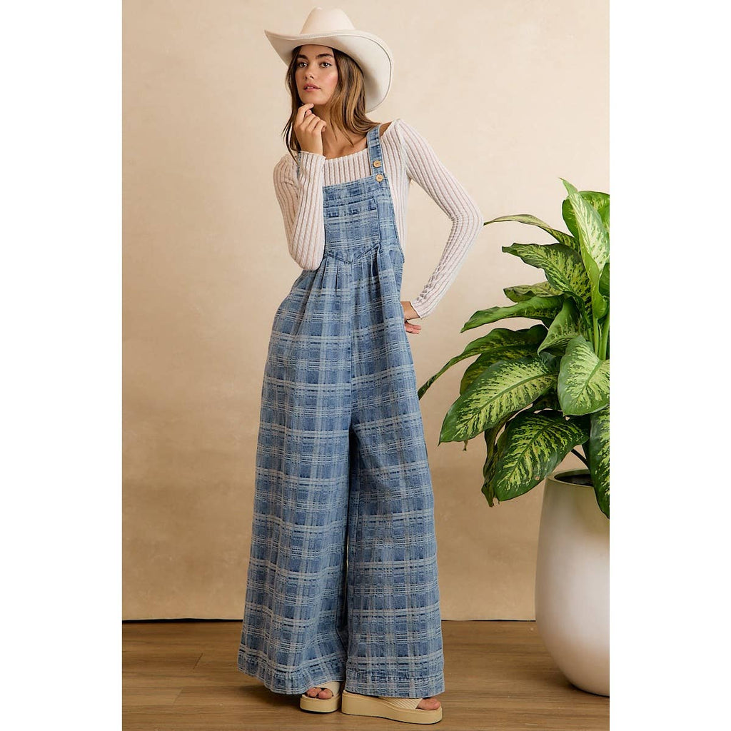 PLAID PATTERNED DENIM WIDE LEG OVERALLS