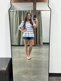 Striped Split V Neck Puff Sleeve Blouse