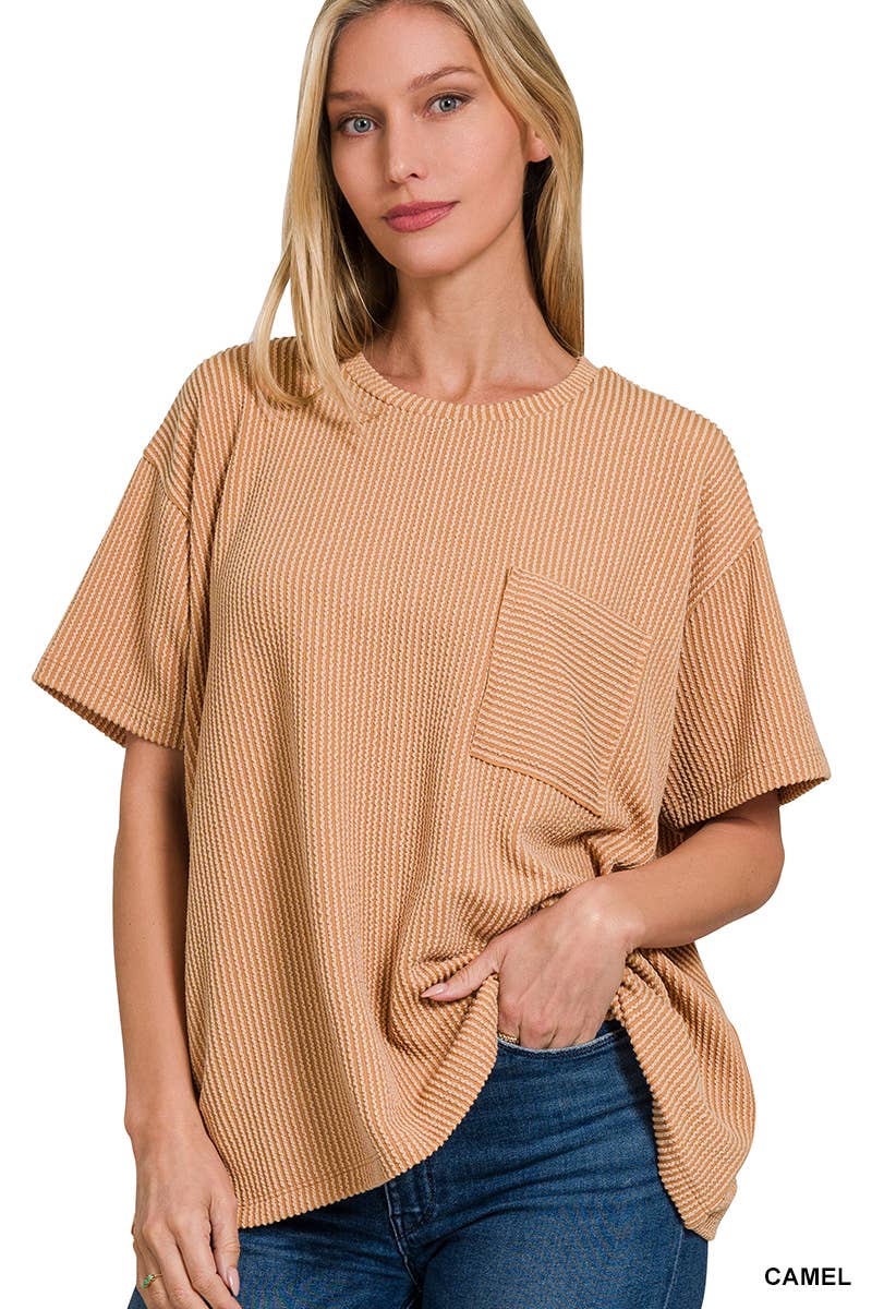 ',,....Corded Rib  Short Sleeve Front Pocket Top