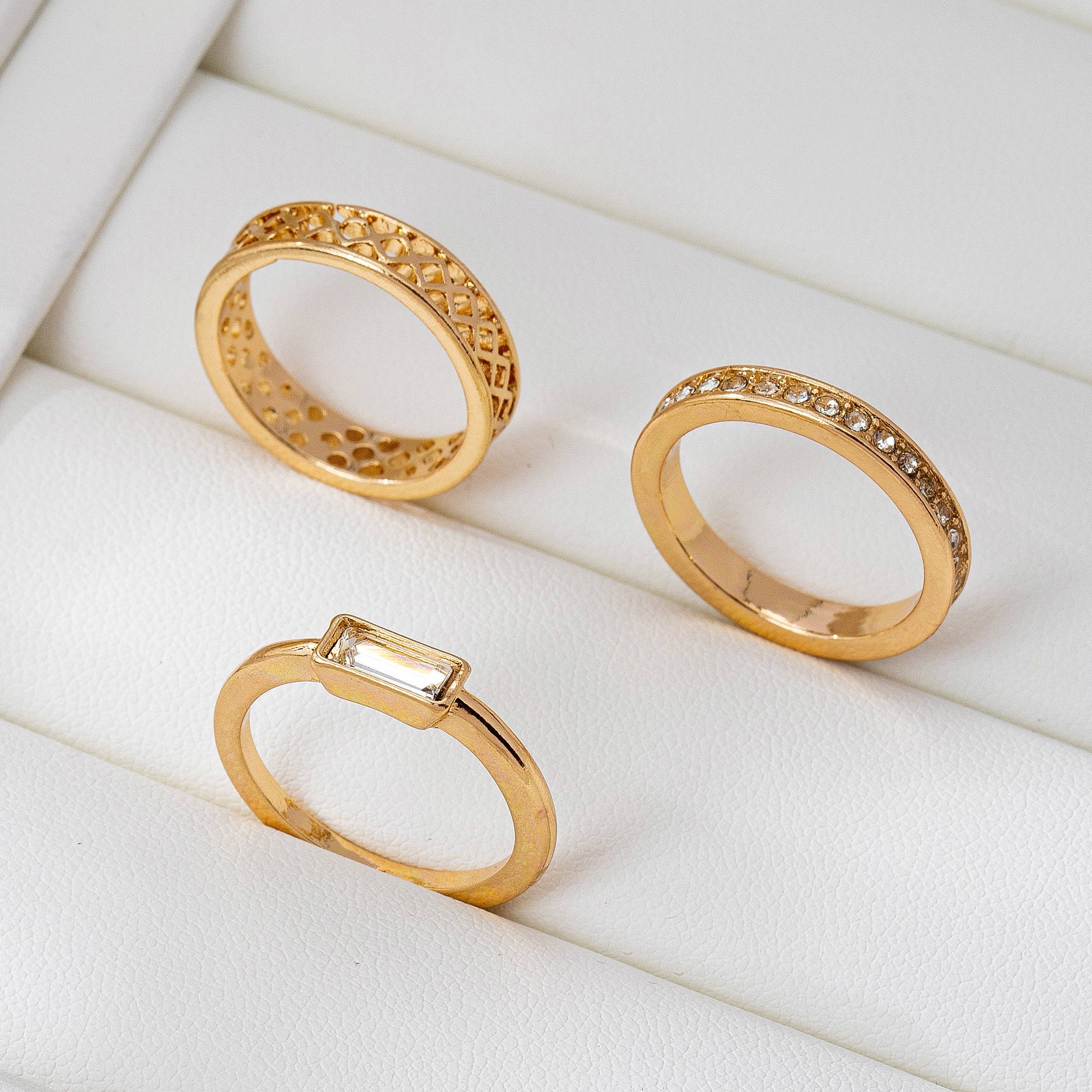 Gold Textured & Crystal Stacking Ring Trio