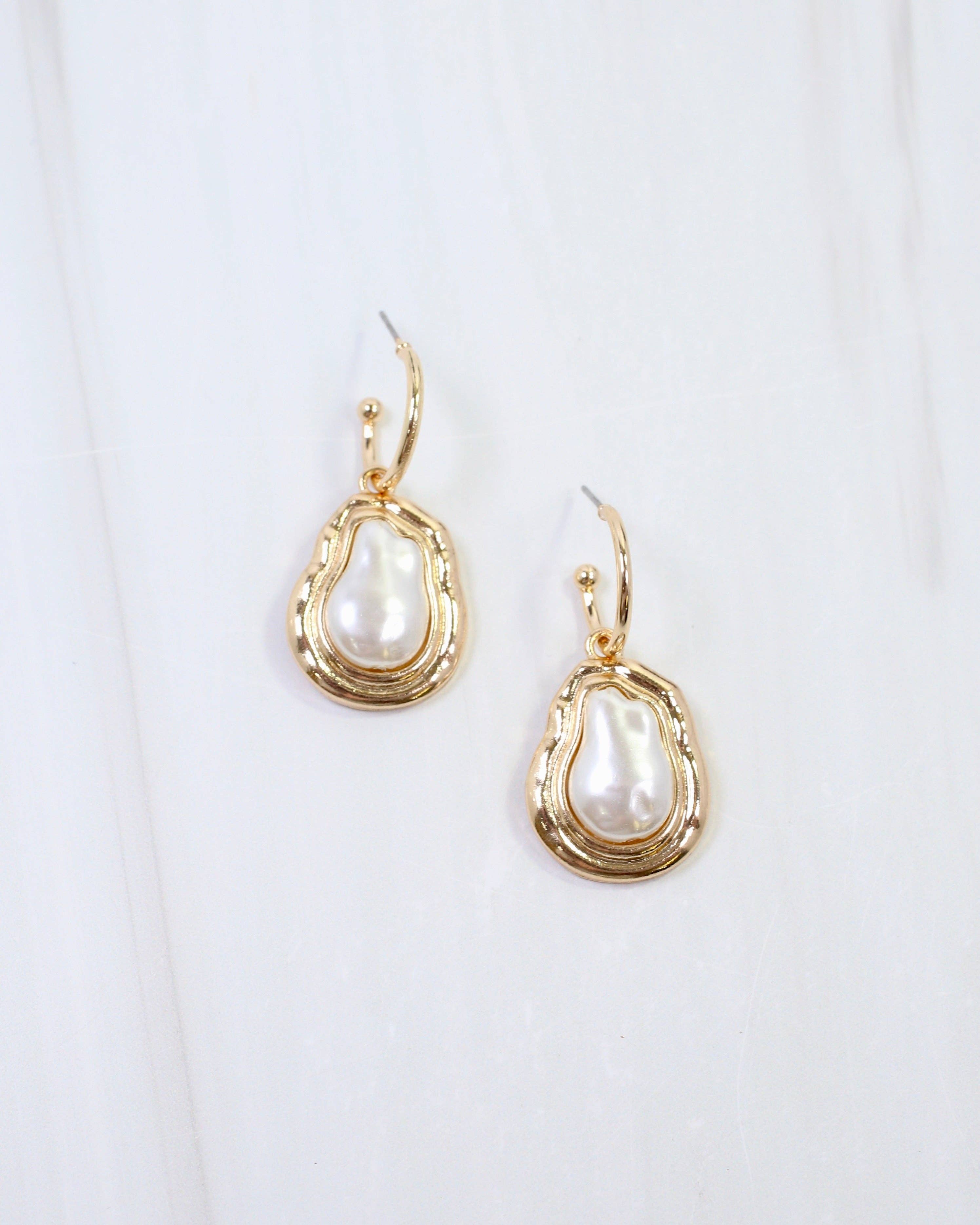Betsy Baroque Pearl Huggie Hoop Earring Gold