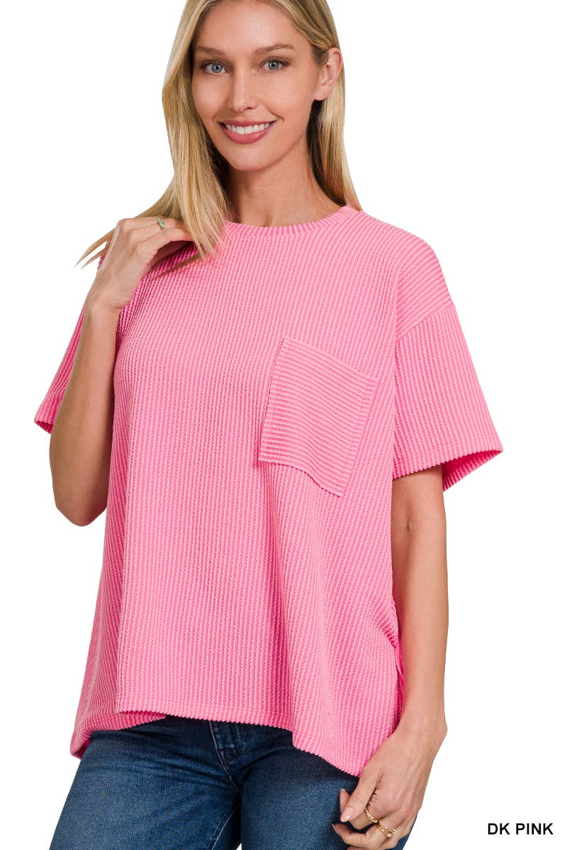 ',,....Corded Rib  Short Sleeve Front Pocket Top