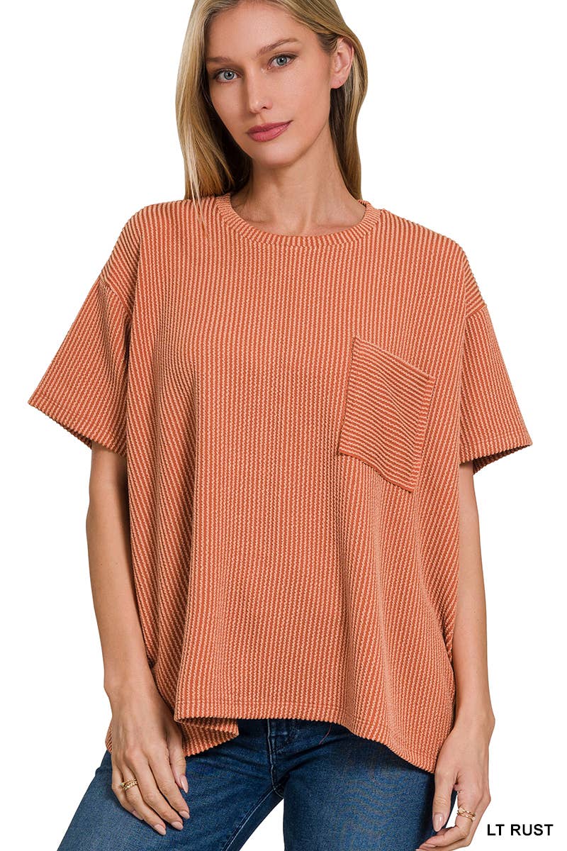 ',,....Corded Rib  Short Sleeve Front Pocket Top