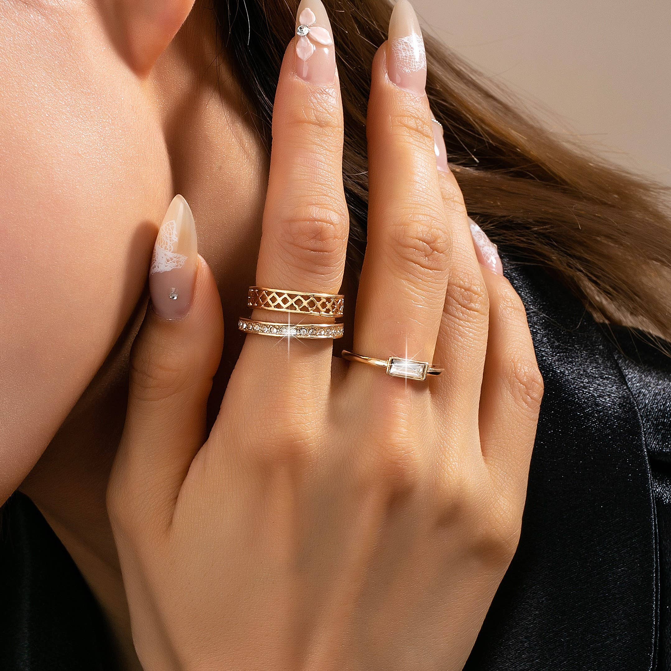 Gold Textured & Crystal Stacking Ring Trio