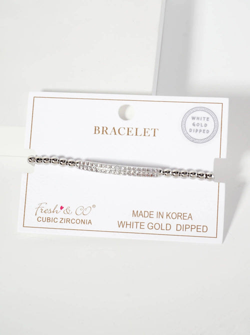 18K-Gold-Dipped Polished Brass 4mm Beaded Stretch Bracelet With CZ Pave-Set Curved Bar Accent