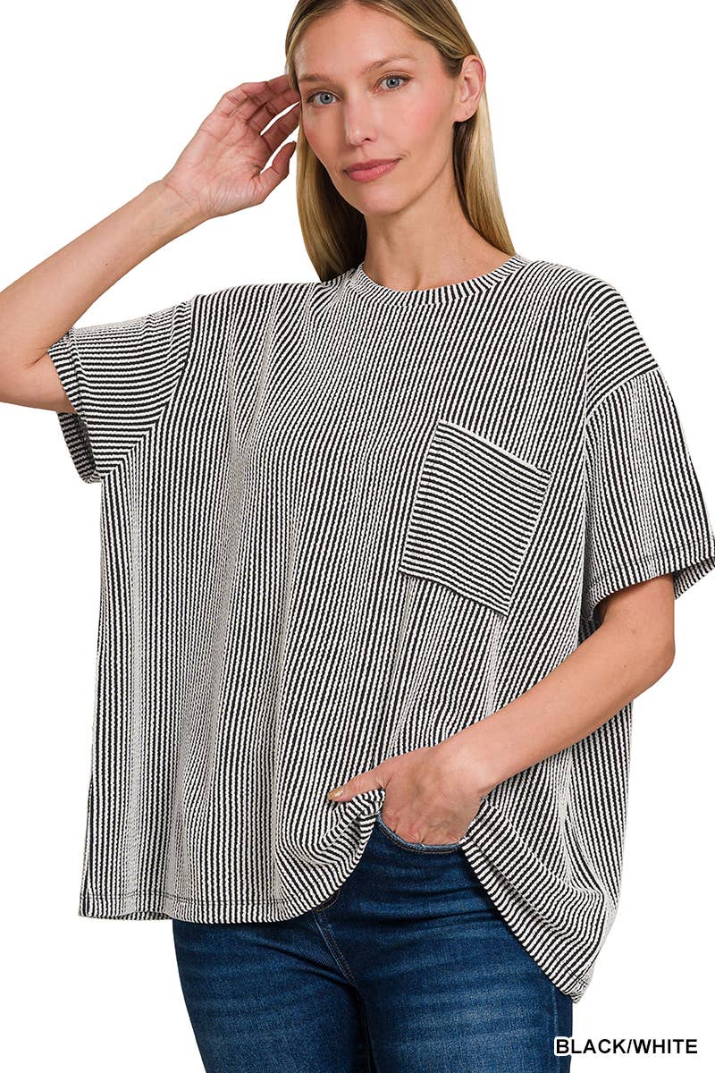 ',,....Corded Rib  Short Sleeve Front Pocket Top