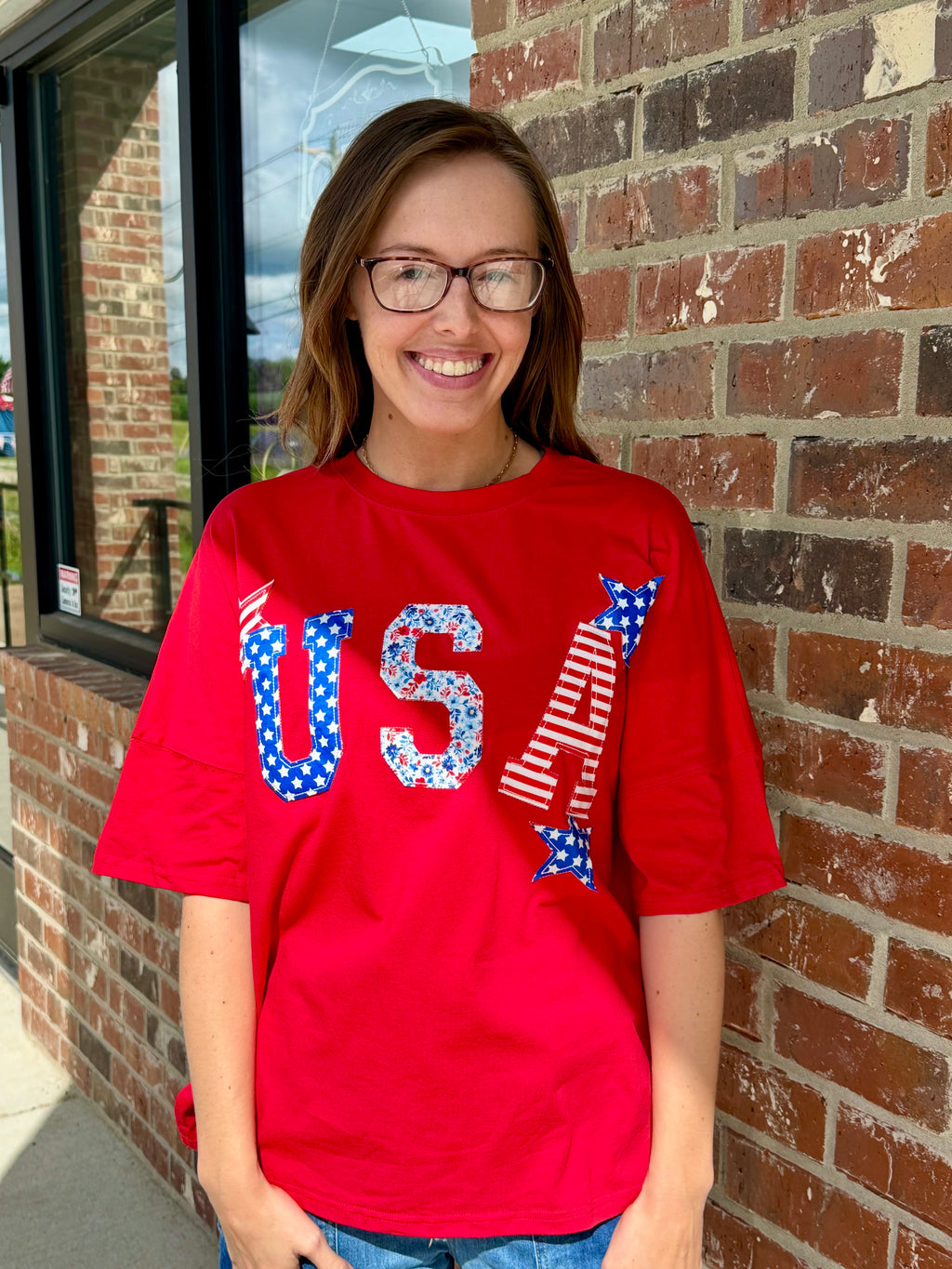 USA Patriotic Star Patched Oversize Tee