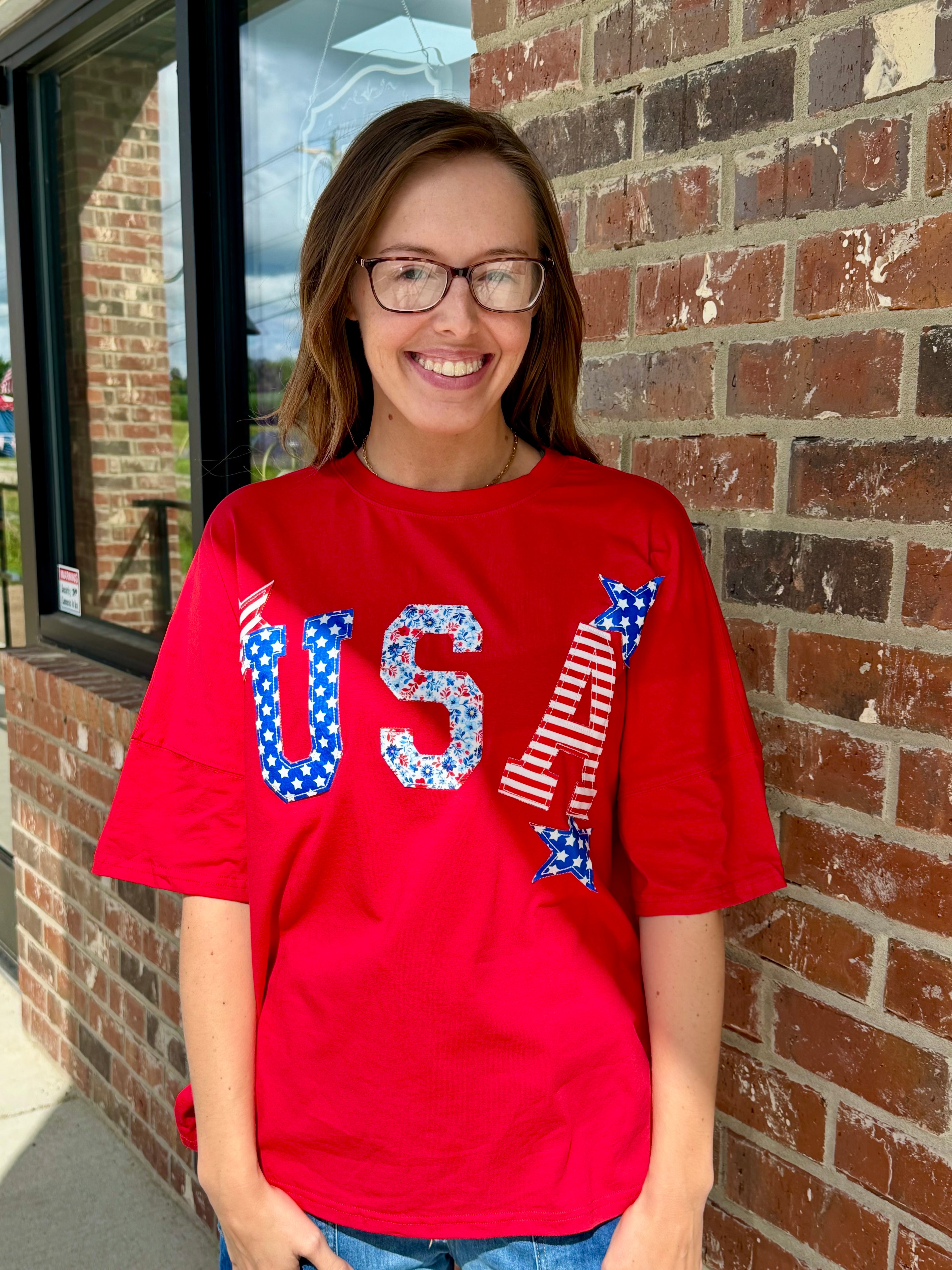 USA Patriotic Star Patched Oversize Tee