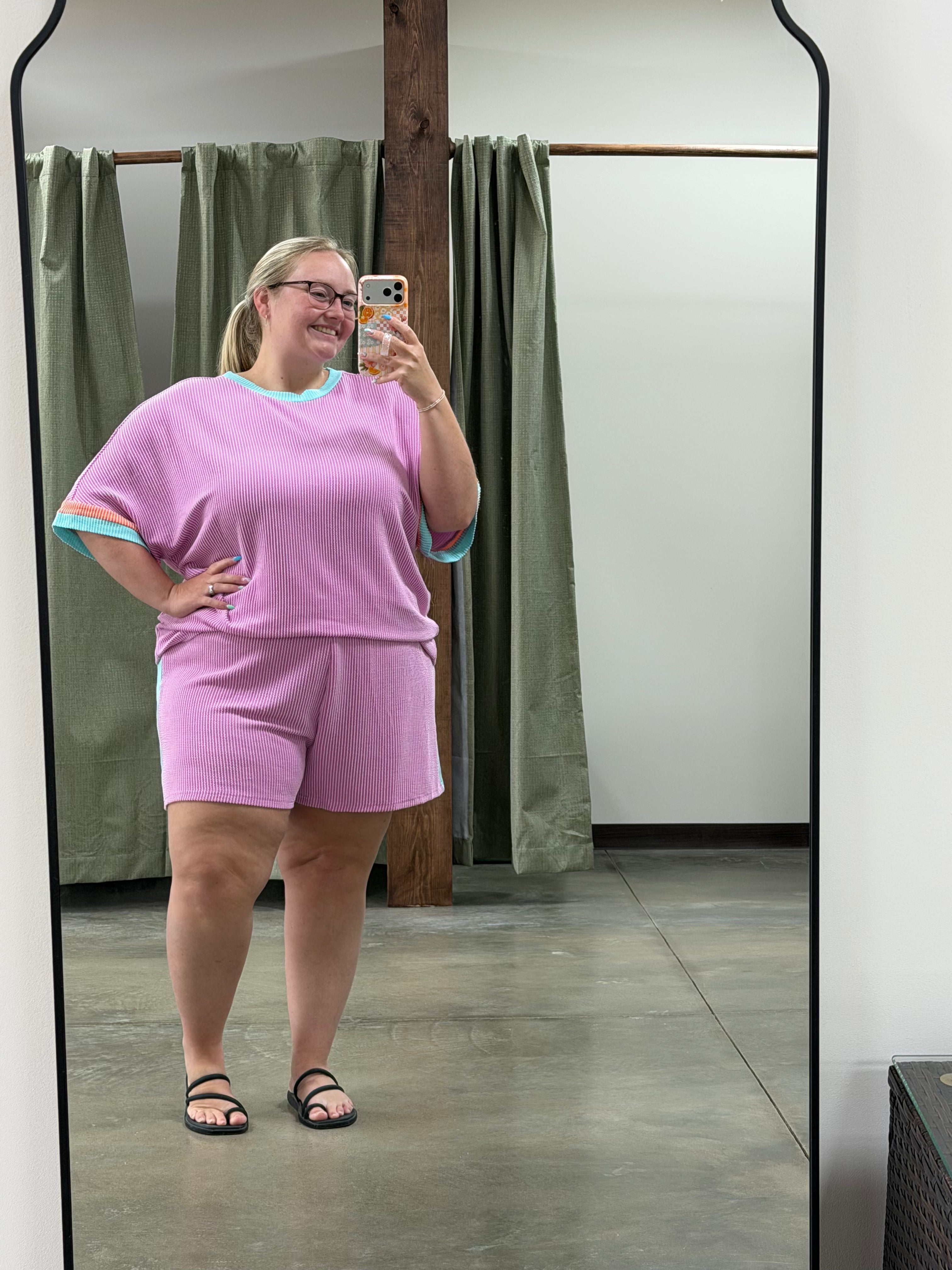 Plus Size Color Block Corded Knit Tee and Shorts Set