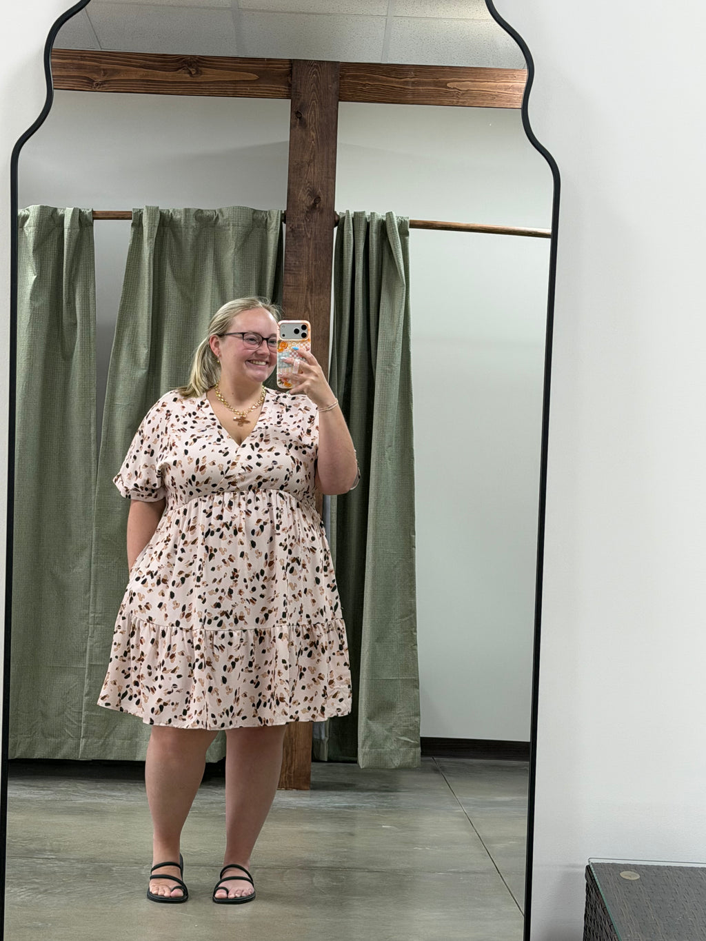 Beige Printed V Neck Cuffed Sleeve Plus Size Dress