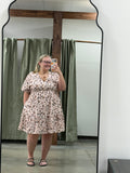 Beige Printed V Neck Cuffed Sleeve Plus Size Dress