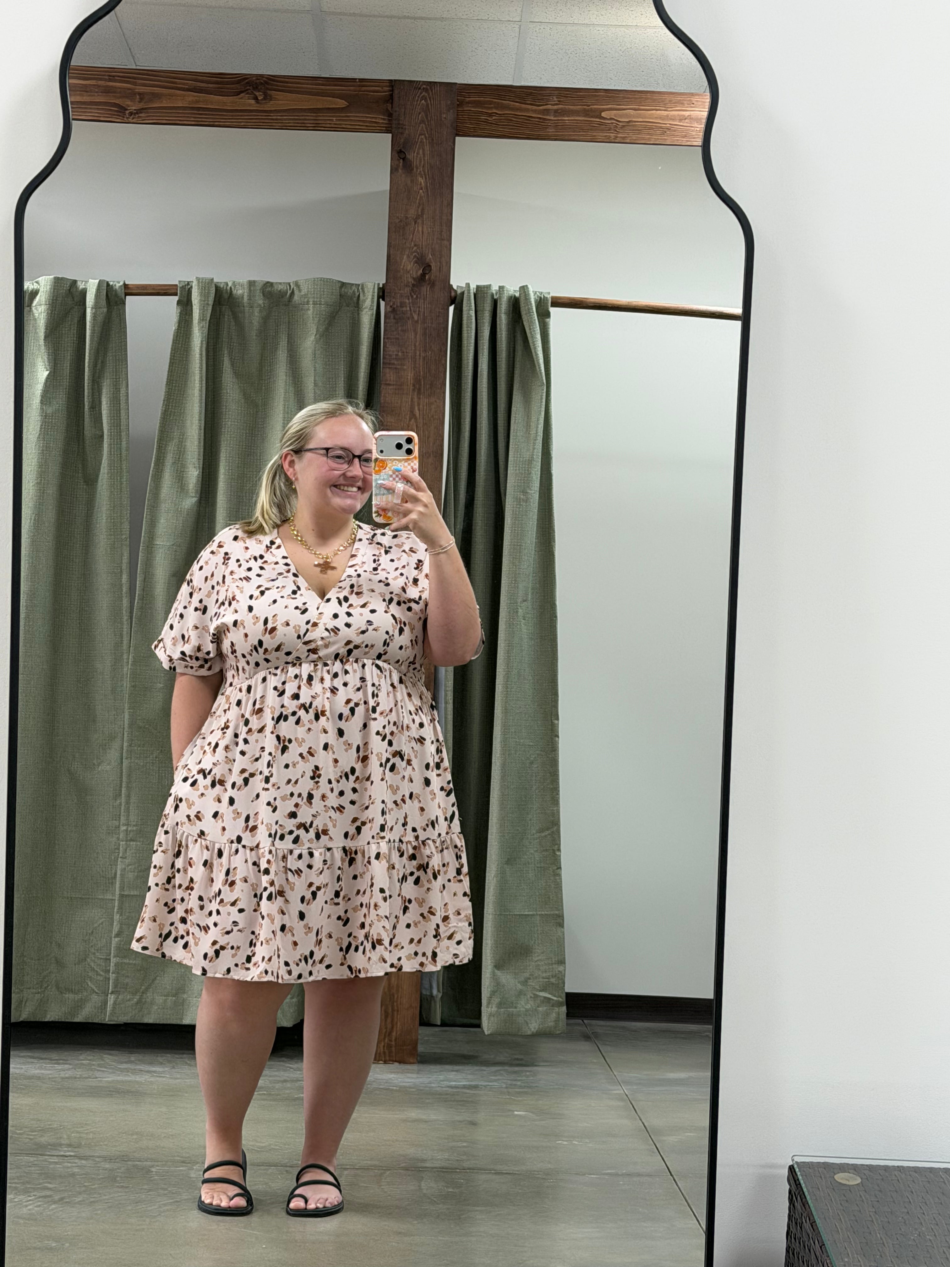 Beige Printed V Neck Cuffed Sleeve Plus Size Dress