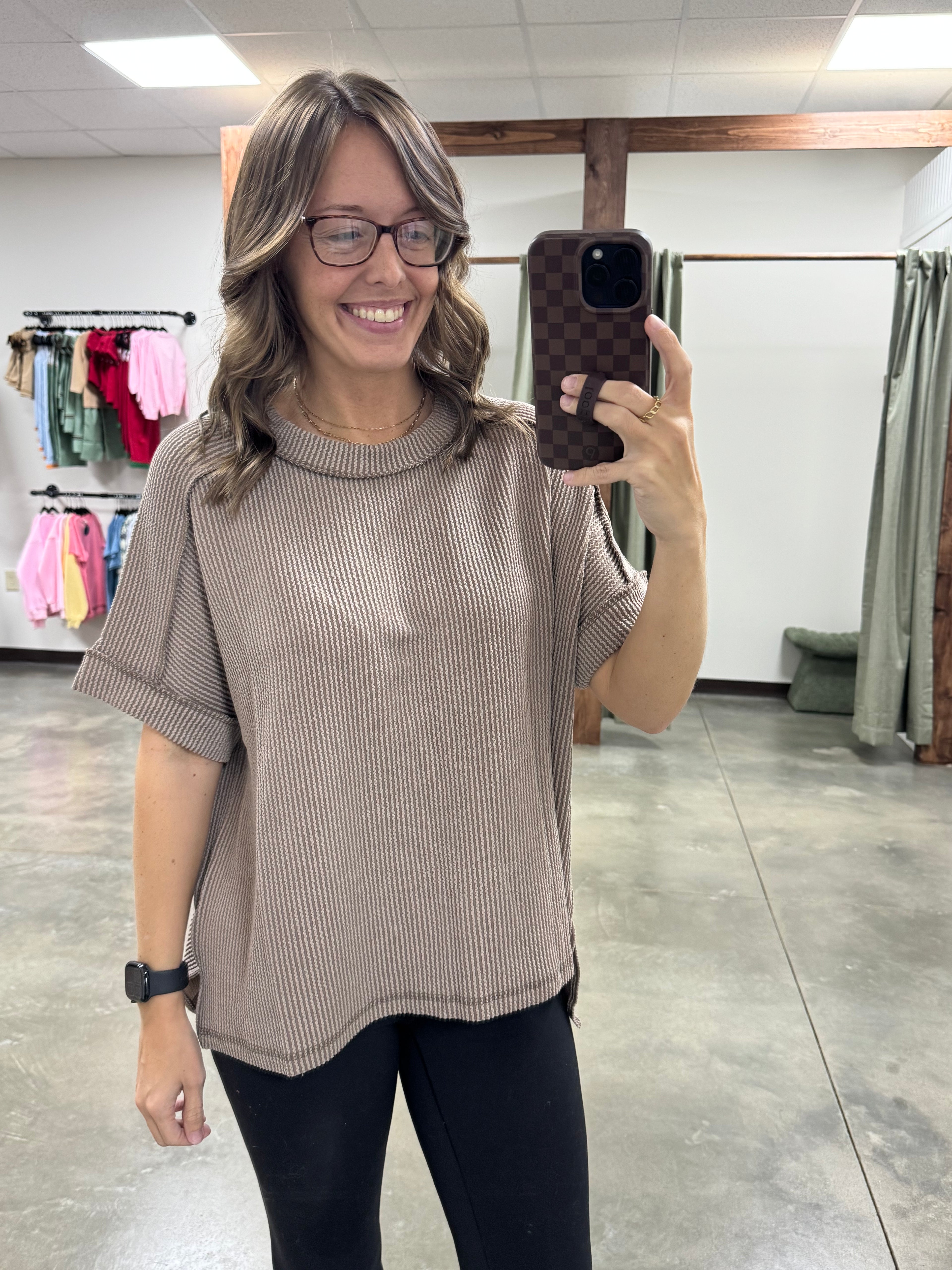 Corded Rib Short Cuff Sleeve Raw Edge Top-Zenana