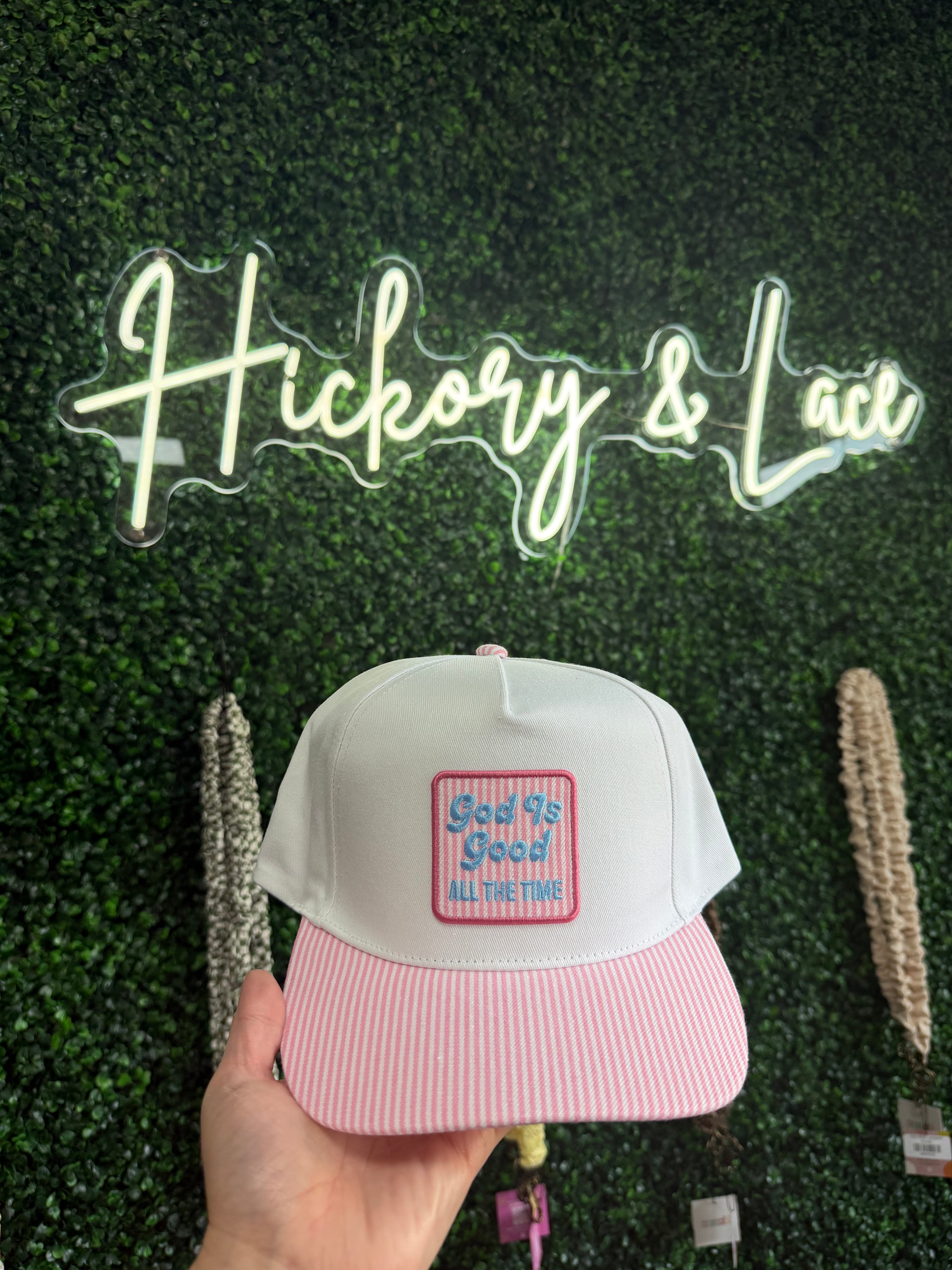 God Is Good Embroidered Patch Seersucker Brim Cap